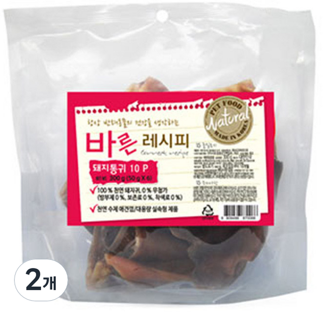 바른레시피 국산수제 강아지간식 10p, 돼지통귀, 2개