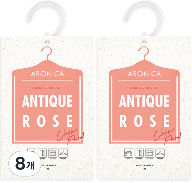 아로니카 센티드 샤쉐 옷걸이형 옷장방향제 본품, 18g, 8개, 앤티크로즈