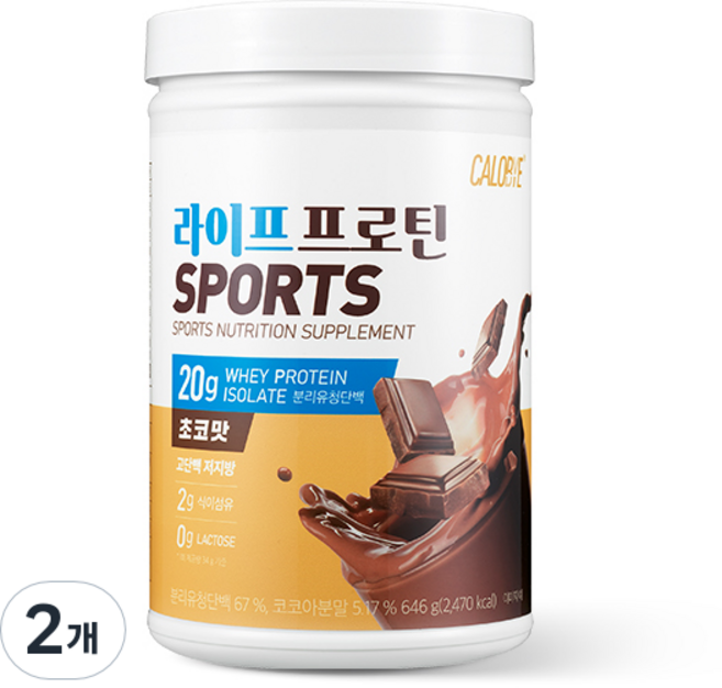 칼로바이 라이프 프로틴 스포츠 초코맛 유청 단백질 파우더, 646g, 2개