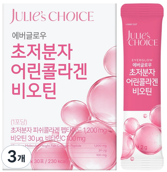 줄리스초이스 에버글로우 초저분자 어린콜라겐 비오틴 30p, 3개, 60g
