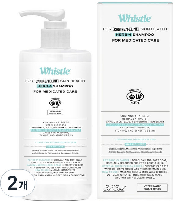 휘슬 반려동물 스킨헬스 허브4 약용 샴푸, 323ml, 2개