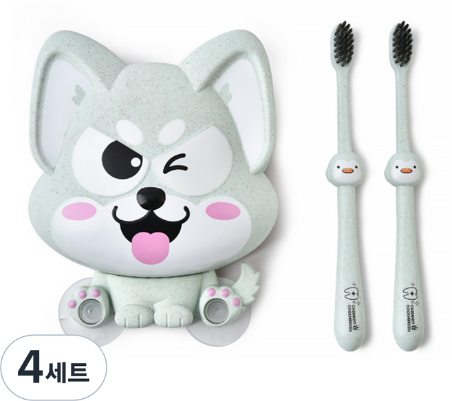 알럽홈 강아지 칫솔홀더 칫솔 세트 그린, 4세트
