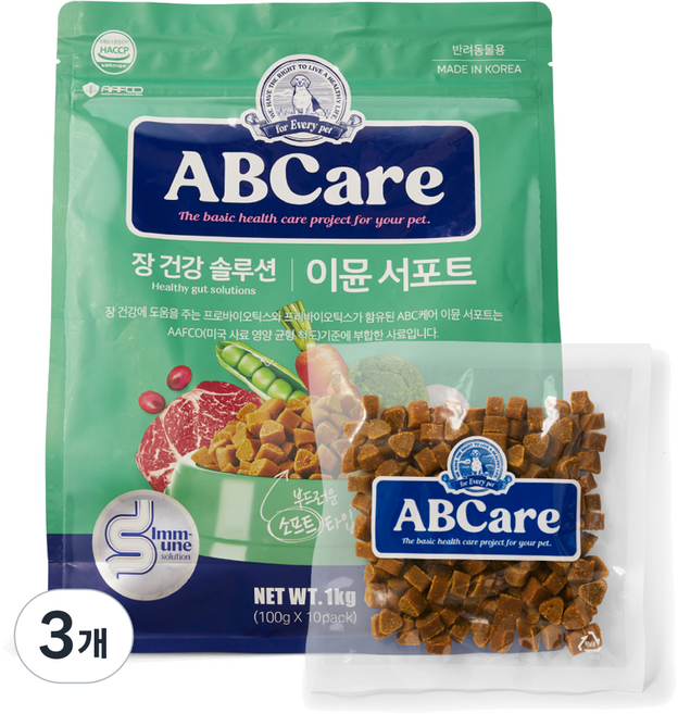 에이비씨케어 강아지 이뮨 서포트 소프트사료, 장건강/유산균, 1kg, 3개