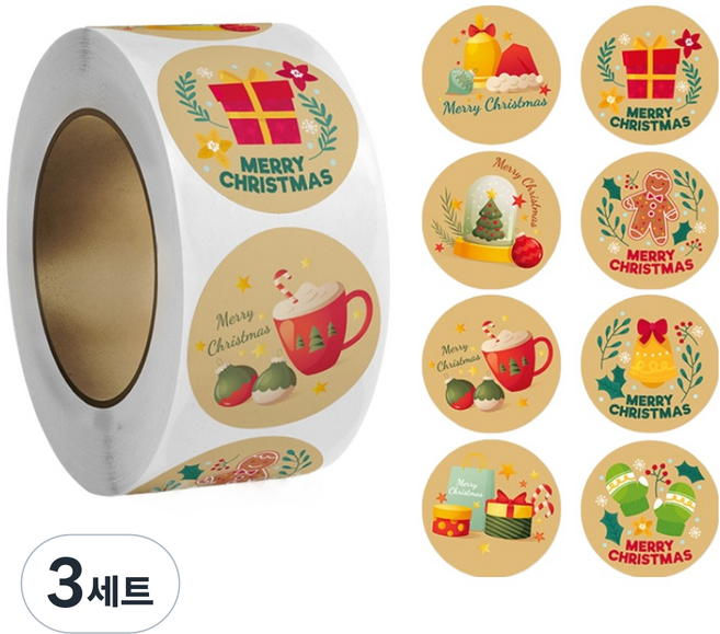 아이엔피 크라프트아이콘B 크리스마스 롤 원형 스티커 2.5cm 8종 x 60p 세트 B-58, 혼합색상, 3세트