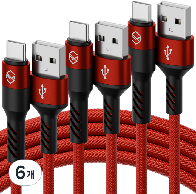 신지모루 로프 C타입 고속충전 케이블, 3m, 레드, 6개