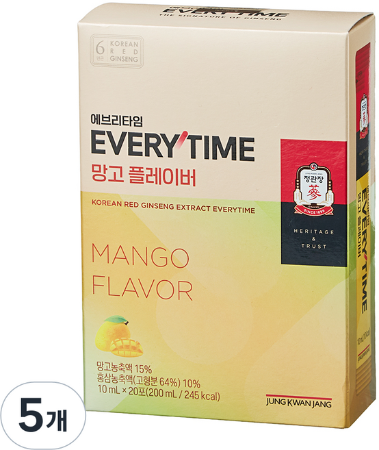 에브리타임 정관장 망고 플레이버 20p, 5개, 200ml