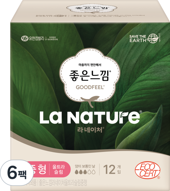 라네이처 좋은느낌 울트라슬림 생리대 날개형, 중형, 12개입, 6개