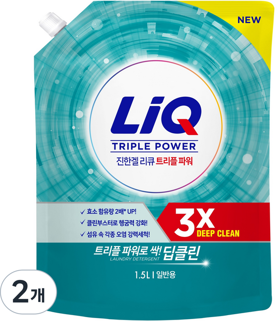 리큐 진한겔 딥클린 트리플 파워 세탁세제 일반용 리필, 1.5L, 2개