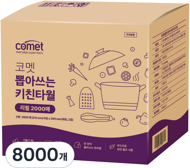 코멧 뽑아쓰는 키친타올 리필, 4개, 2000매