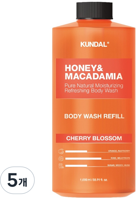 쿤달 허니 앤 마카다미아 퓨어 바디워시 체리블라썸향, 1L, 5개