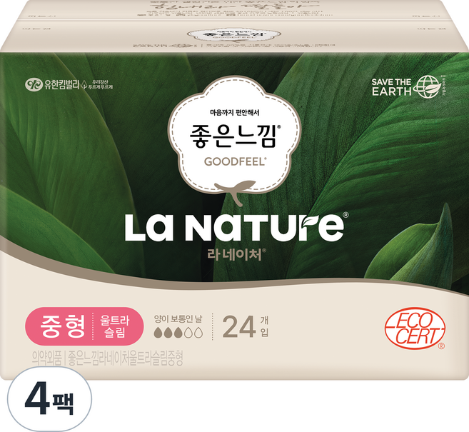 라네이처 네이처백 울트라 생리대 슬림형, 중형, 24개입, 4개