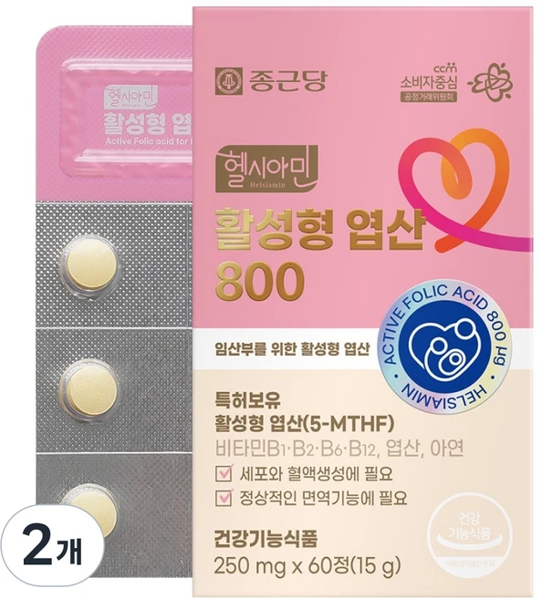 종근당 헬시아민 활성형 엽산 800, 60정, 2개 - 쿠팡