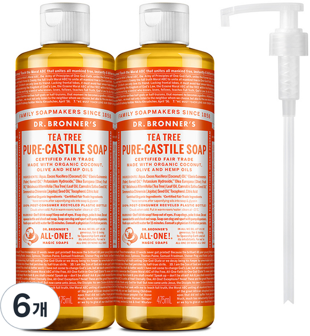 닥터브로너스 티트리 페이스 앤 바디 퓨어 캐스틸 솝 바디워시 2p +펌프1개, 6개, 475ml