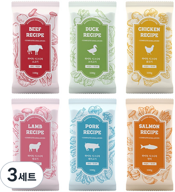 하이독 강아지 시그니처 냉동 화식 6종 세트, 소고기 + 오리고기 + 닭고기 + 양고기 + 돼지고기 + 연어, 3세트