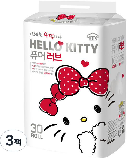 헬로키티 퓨어러브 4겹 천연펄프 롤화장지, 20m, 30롤, 3개