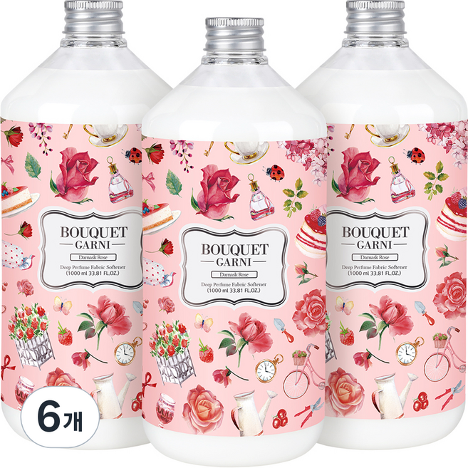 부케가르니 딥퍼퓸 섬유유연제 다마스크로즈, 1L, 6개