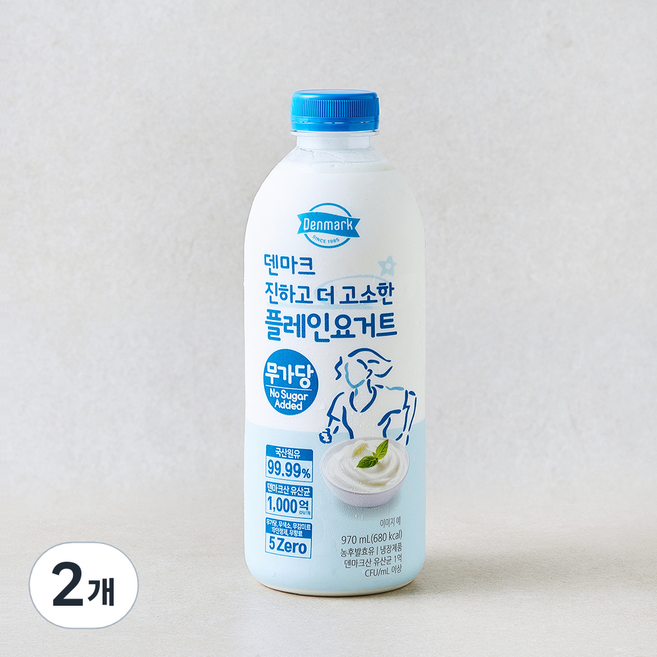 덴마크 진하고 더 고소한 무가당 플레인 요거트, 2개, 1개입, 970ml