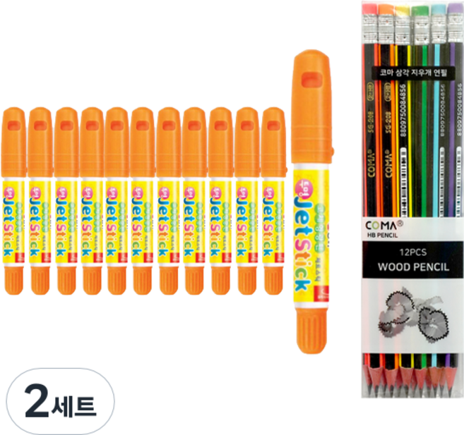 동아 고체형광펜 제트스틱 12p + 투코비 삼각 지우개 연필 SG-208 12p 세트, 주황(제트스틱), 혼합색상(지우개연필), 2세트