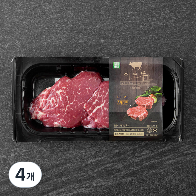 이로우 국내산 무항생제 소고기 안심 스테이크용 (냉장), 200g, 4개