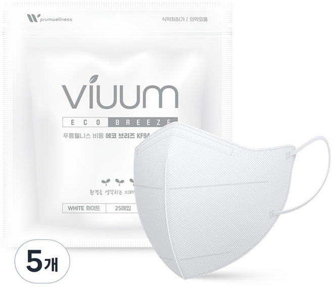 viuum 에코브리즈 새부리형 마스크 대형 KF94, 25개입, 5개, 화이트