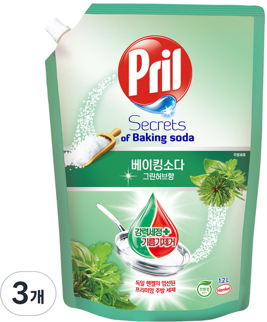 프릴 시크릿 오브 베이킹소다 주방세제 그린허브향 리필, 1.2L, 3개