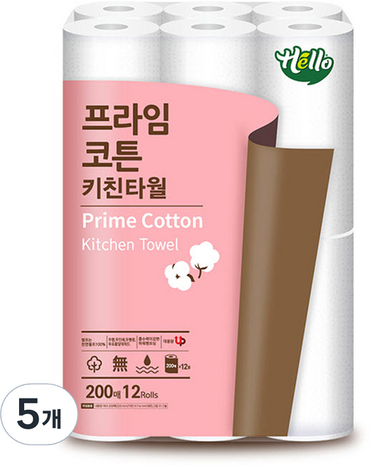 헬로 프라임코튼 천연펄프 키친타올 200매, 12개입, 5개
