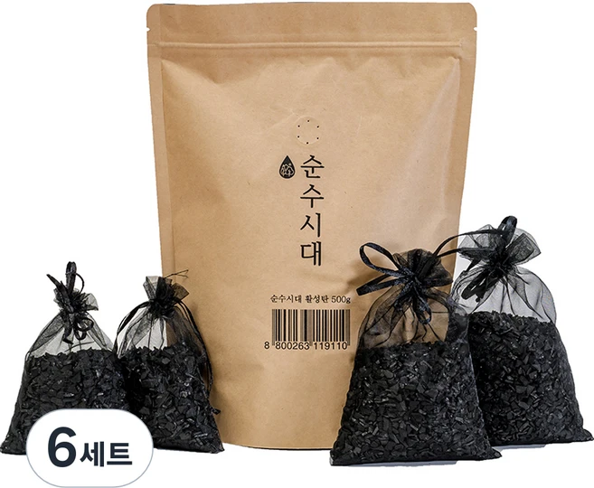순수시대 활성탄 실내 탈취제 본품 + 망사주머니 4개, 500g, 6세트 - 쿠팡