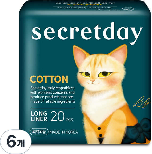시크릿데이 코튼 팬티라이너, 롱, 20매입, 6개