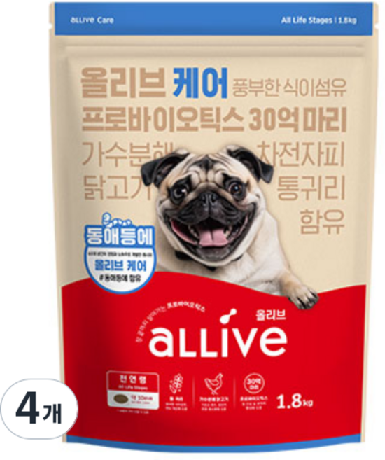 대주펫푸드 강아지 올리브 기능성 사료, 장건강/유산균, 1.8kg, 4개