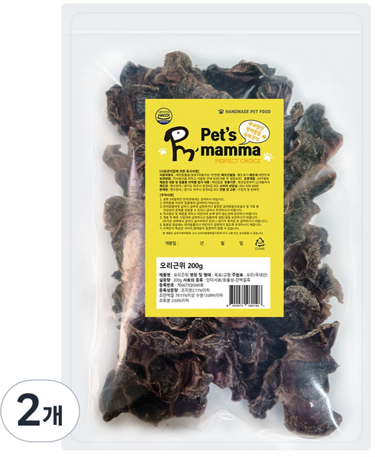 펫츠맘마 강아지 수제간식, 오리근위, 200g, 2개