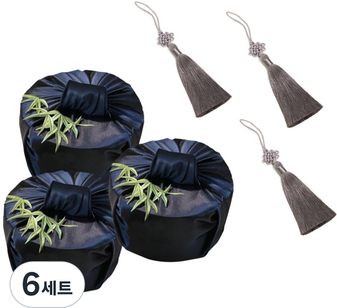 마메 고급 실크 보자기 + 노리개 세트, 네이비 + 그레이, 6세트