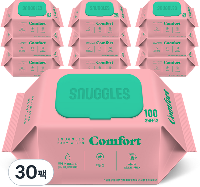 스너글스 컴포트 유아용 아기물티슈 엠보싱 캡형 피부 저자극 인증, 30팩, 100매, 55g