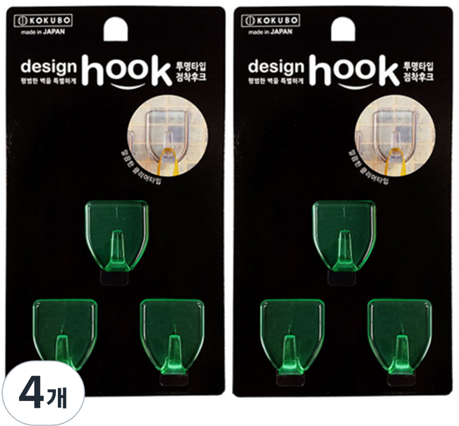 코쿠보 투명 점착후크 소 3p, 그린, 4개