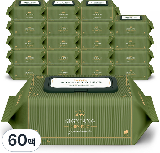 아이러브베베 시그니앙 더그린 아기물티슈 캡형, 75g, 77매, 60세트