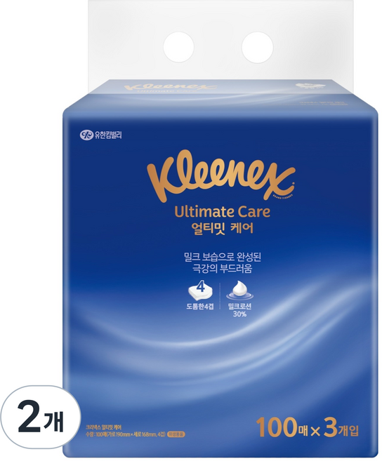 크리넥스 얼티밋 케어 로션티슈 4겹 100p, 2개, 3개입