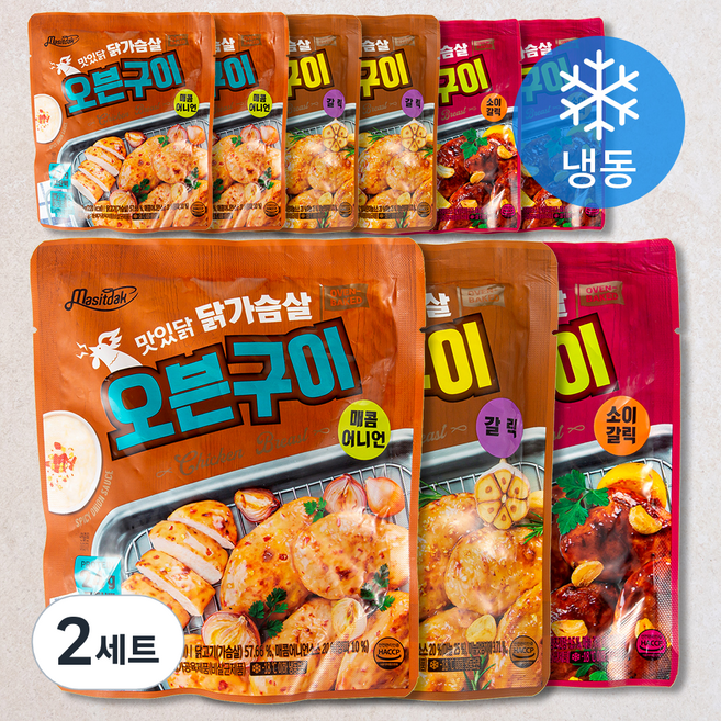 맛있닭 닭가슴살 오븐구이 매콤어니언 3팩 + 소이갈릭 3팩 + 갈릭 3팩 세트 (냉동), 150g, 1개입, 18개
