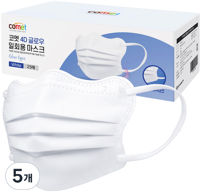 comet 修飾稜角分明臉型 4D光澤拋棄式口罩 獨立包裝 中型, 1入, 125個, 白色