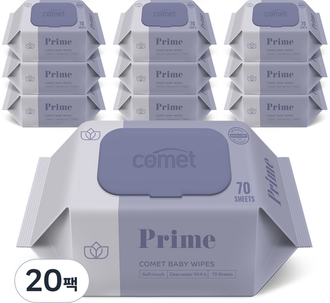 코멧 아기물티슈 프라임 도톰한 엠보싱 캡형 더마테스트 인증, 20팩, 70매, 70g