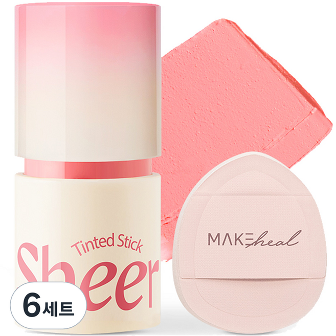 메이크힐 틴티드 쉬어 스틱 블러셔 6g + 핑거퍼프 세트, 03 쉬어 핑크 프롤리, 6개