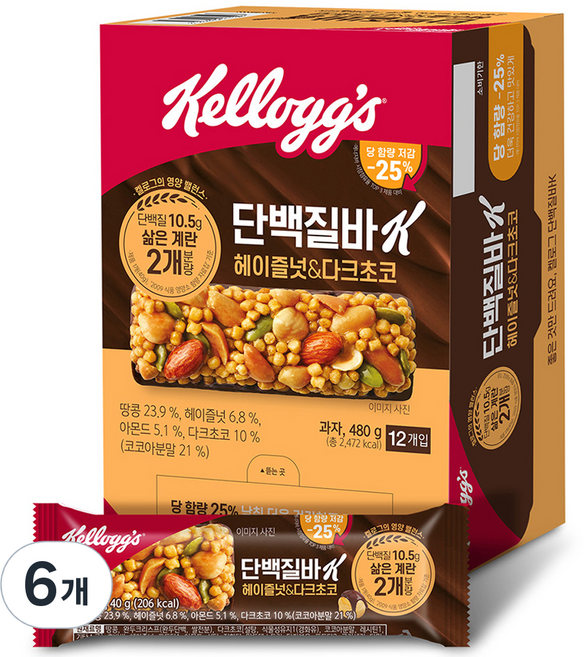켈로그 단백질바K 헤이즐넛 앤 다크초코, 480g, 6개