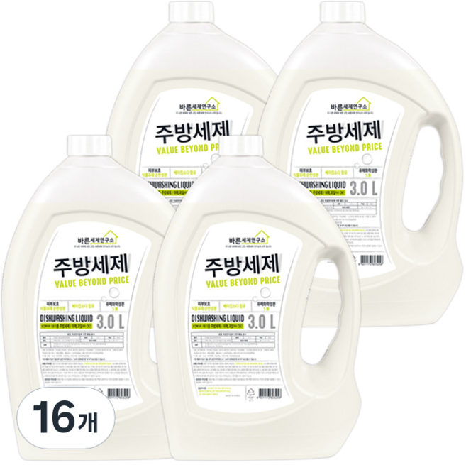 바른세제연구소 베이킹소다 주방세제, 3L, 16개
