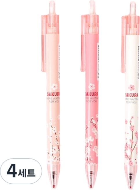 인디케이 부드러운 벚꽃나무 볼펜 0.5mm 3종 x 4p 세트, 연핑크, 진핑크, 화이트, 4세트
