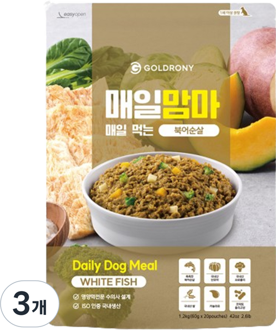 골드로니 1세이상 강아지 매일맘마 순살 화식사료, 북어, 1.2kg, 3개