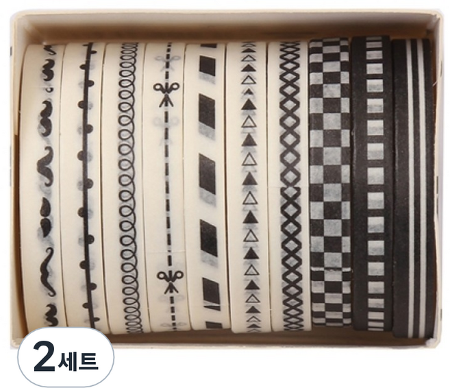 셀링뉴 아트스핀 울타리 다꾸 마스킹 종이 테이프 10종 세트 5mm x 2m, 블랙엔화이트, 2세트