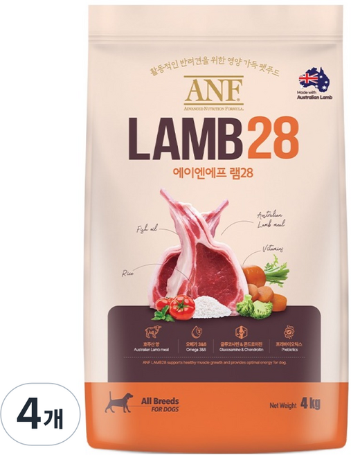 ANF 전연령 강아지 램28 건식사료, 4kg, 4개
