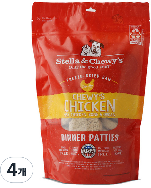 스텔라앤츄이스 전연령 강아지 디너패티 동결건조 사료, 닭, 156g, 4개