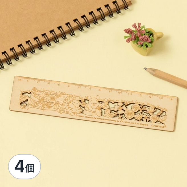 Winnie the Pooh 小熊維尼 維尼百畝森林系列木質鏤空15公分文具尺 SS197-1 16 x 3.5cm, 維尼家族黃, 4個