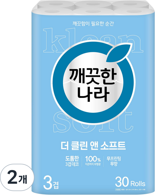 깨끗한나라 3겹 더 클린 앤 소프트 화장지, 30m, 30롤, 2개