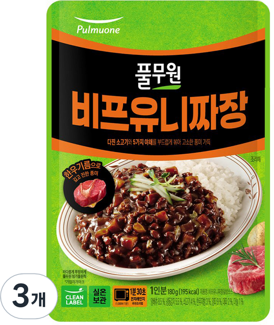 풀무원 비프유니짜장 덮밥소스, 180g, 3개
