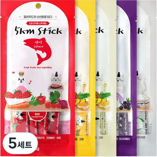 조공 전연령 고양이 강아지 오키로스틱 짜먹는 간식 5팩, 혼합맛(레드/옐로우닭/옐로우대구/퍼플/화이트), 5세트